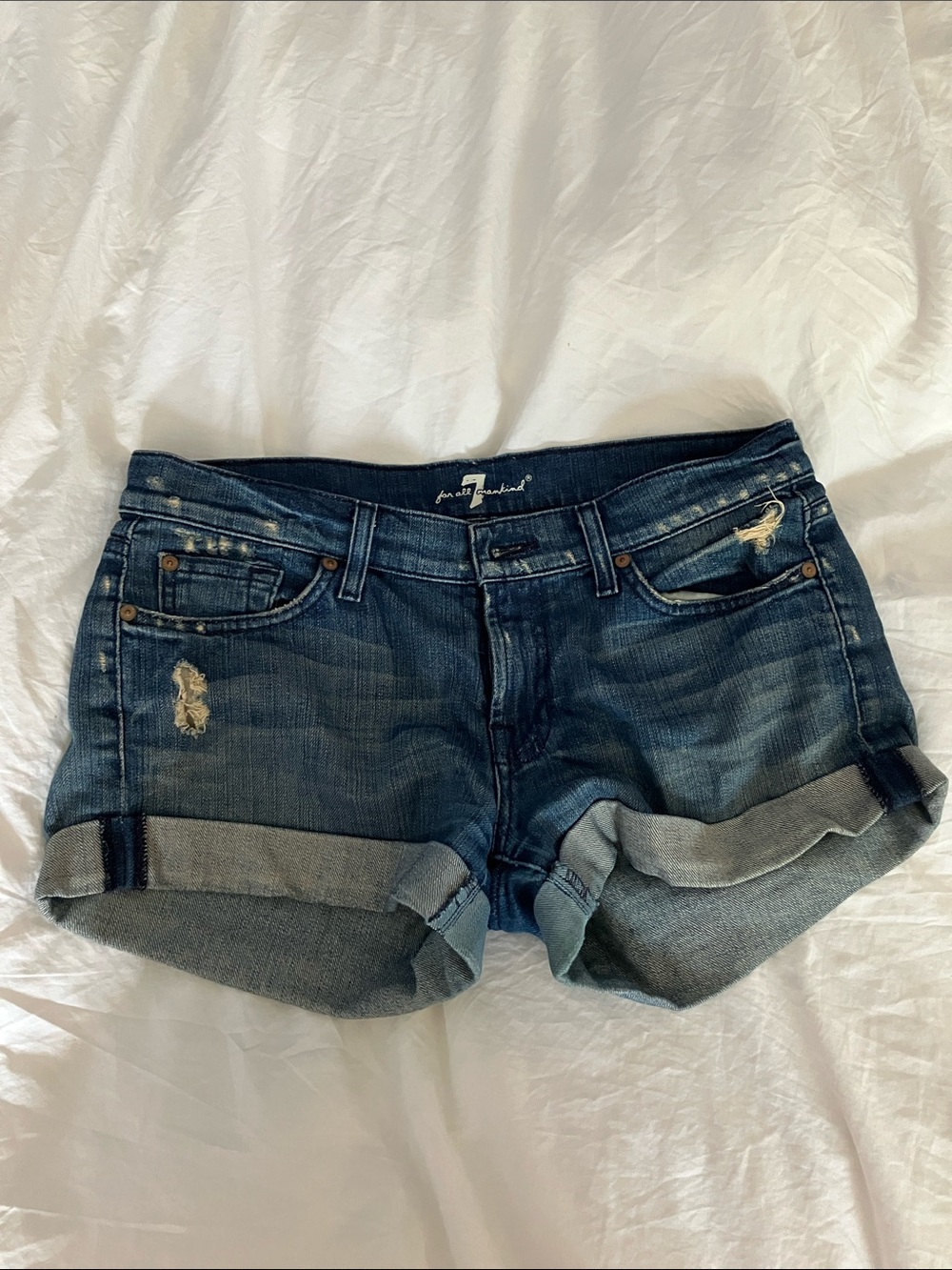 7 For All Mankind Dark Indigo Rolled Cuff Distressed Denim Shorts